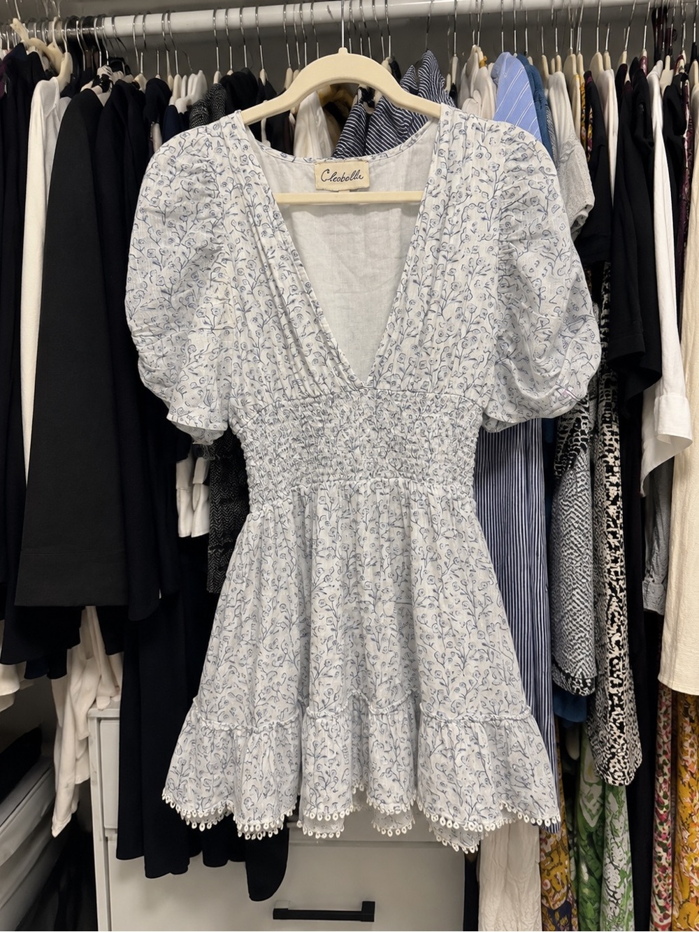 Cleobella White and Blue Floral Smocked Mini Tunic